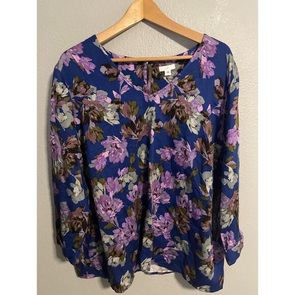 J. Jill Tops - J Jill Tunic Top Womens XL Blue Floral Rayon Cotton V Neck Boho Blouse Artsy